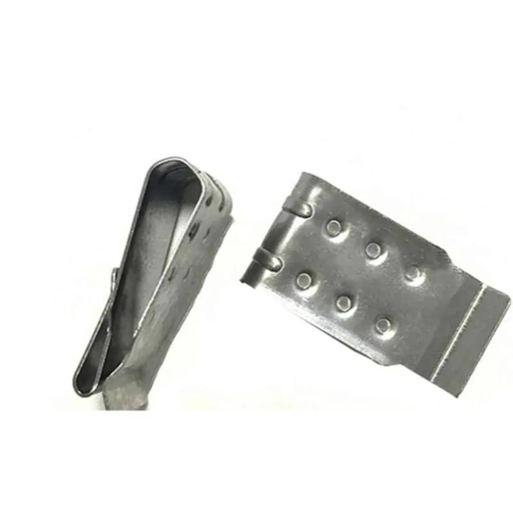 AIMS Power PV cable clamp set showing galvanized metal clips for securing solar panel wiring to module frames, with rolled edges and punched locking tabs.