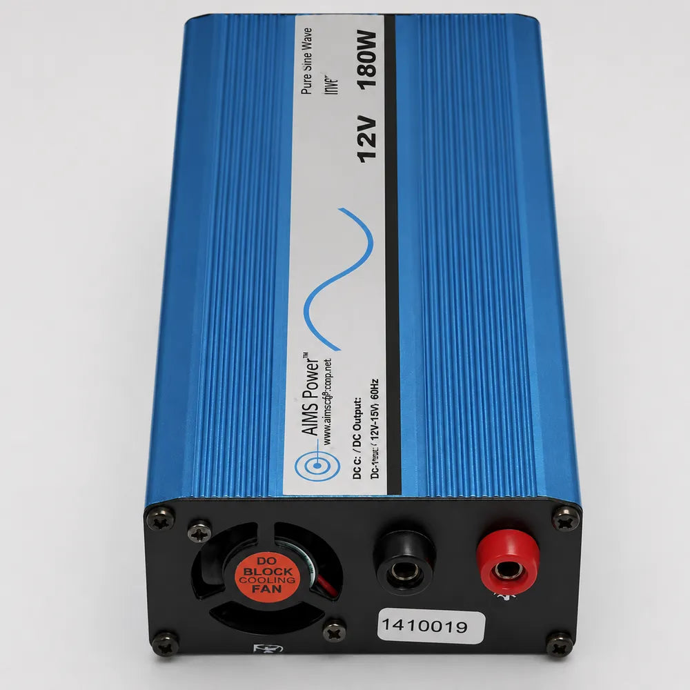 AIMS Power 180W pure sine inverter rear panel with cooling fan, DC input terminals, and blue aluminum housing.