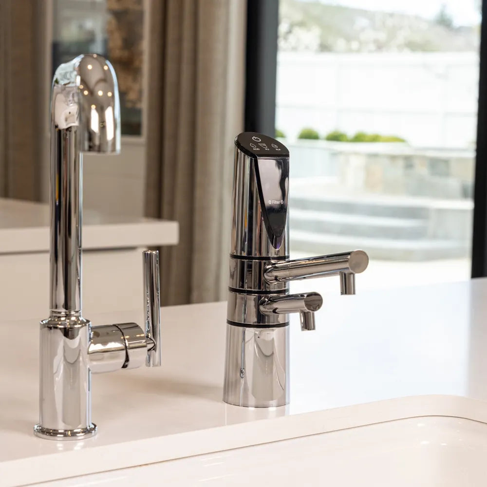 Chrome AlkaViva Delphi H2 ionizer faucet installed beside kitchen faucet
