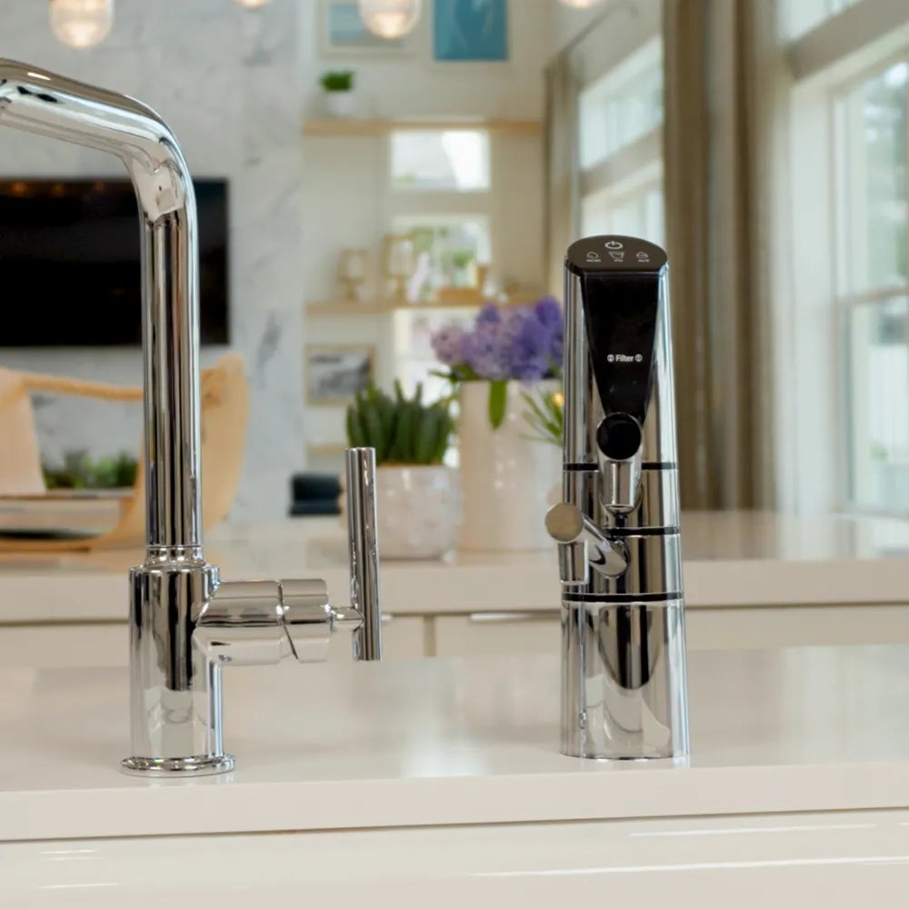 AlkaViva Delphi H2 ionizer faucet installed beside kitchen faucet
