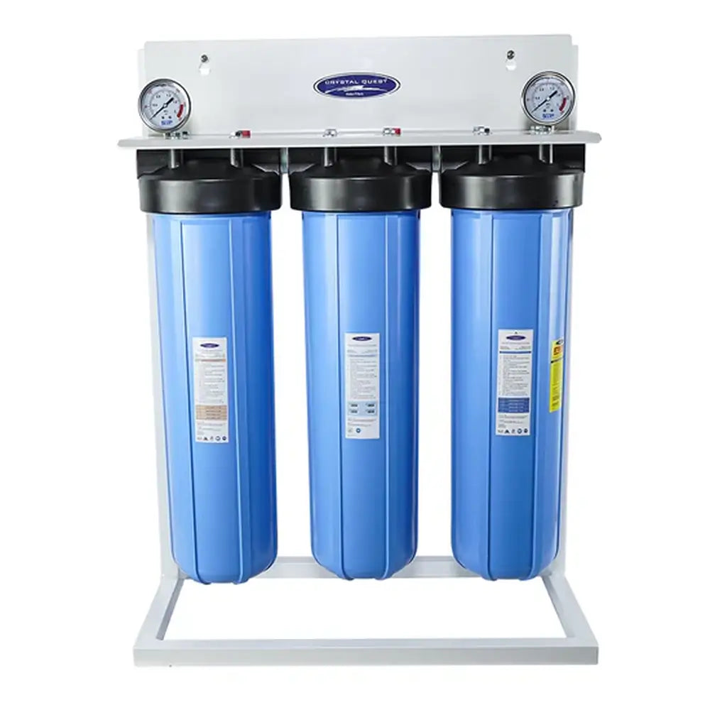 Crystal Quest Triple Big Blue Alkalizing Whole House Water Filter 4-6 GPM with white system stand and dual pressure gauges.