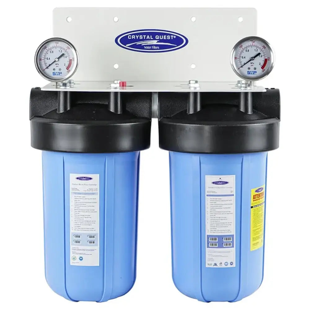 Double canister Crystal Quest SMART compact water filter system with dual pressure gauges for wall-mount installation.