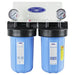 Double canister Crystal Quest SMART compact water filter system with dual pressure gauges for wall-mount installation.