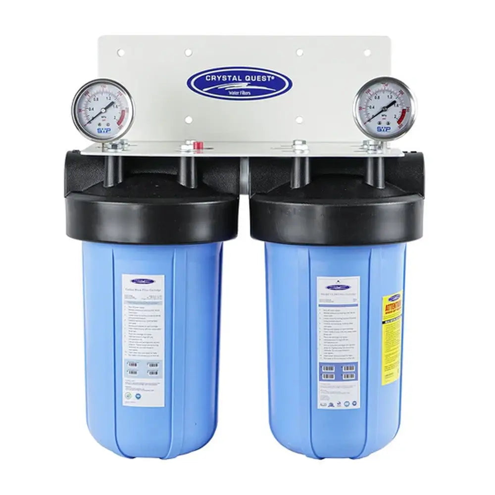 Crystal Quest 2-stage whole house water filter without stand, ideal for 1-2 person households with 3-6 GPM flow.
