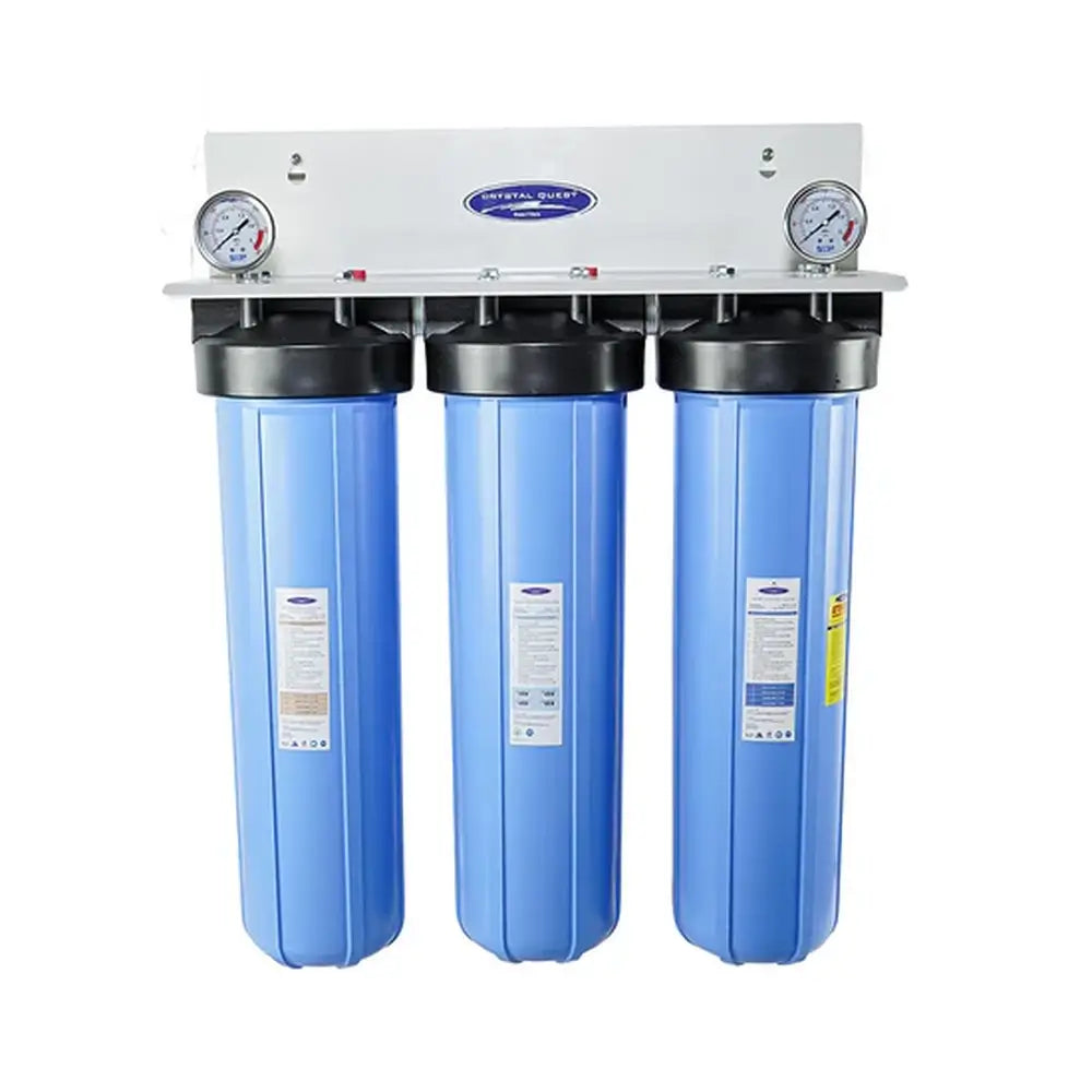 Triple-stage Crystal Quest Big Blue Whole House Water Filter on a white metal stand for 1-2 people, featuring alkalizing filtration technology.