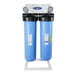 Dual Crystal Quest Big Blue SMART whole house water filtration system for 2-3 people with white floor stand.