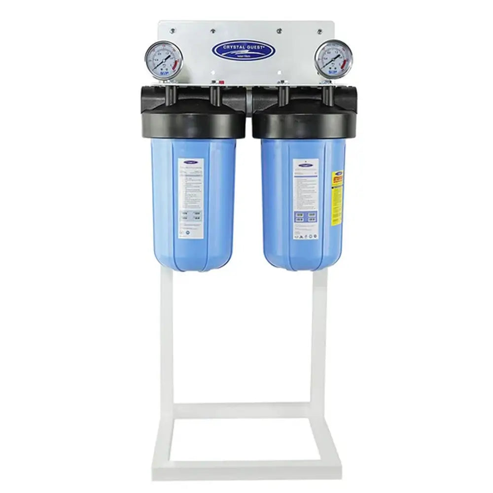 Crystal Quest SMART Series double water filter system mounted on a white floor stand for easy maintenance access.