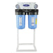 Crystal Quest SMART Series double water filter system mounted on a white floor stand for easy maintenance access.