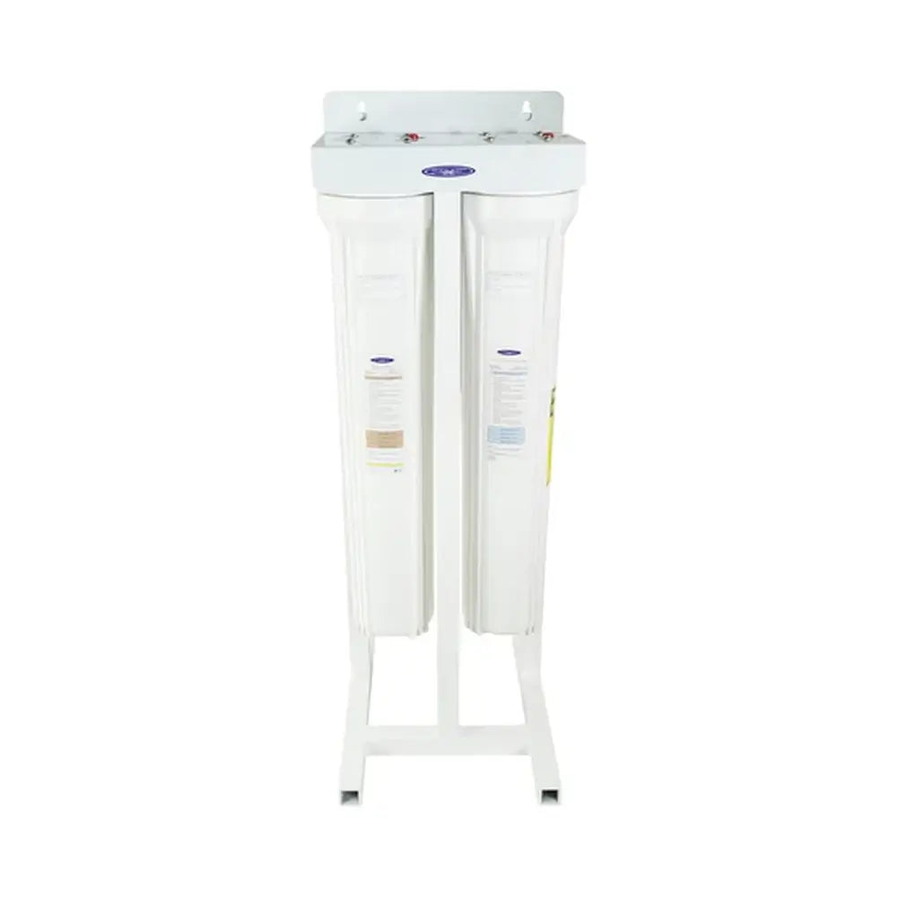 Double Crystal Quest SMART Mini Whole House Water Filter with white floor stand, 3-6 GPM capacity.