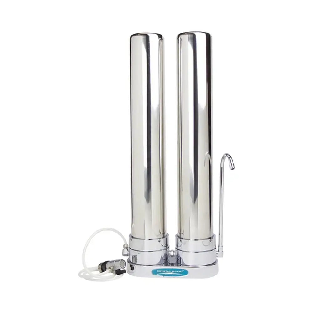 Double canister Crystal Quest 80,000 Gallon Stainless Steel Countertop Water Filter with chrome faucet and tube assembly.