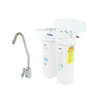 Crystal Quest Dual-Stage Lead Under Sink Water Filtration System with two white filter housings and a polished chrome faucet.