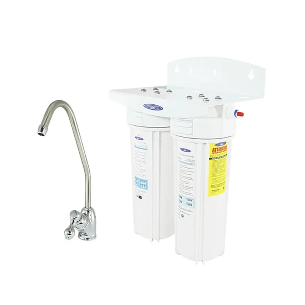 Crystal Quest Dual Nitrate Under Sink Water Filtration System with two white filter housings and a long-reach chrome faucet.