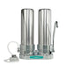 Crystal Quest Double Stage Stainless Steel Countertop Water Filter for lead removal, featuring dual-tank design and sink attachment.