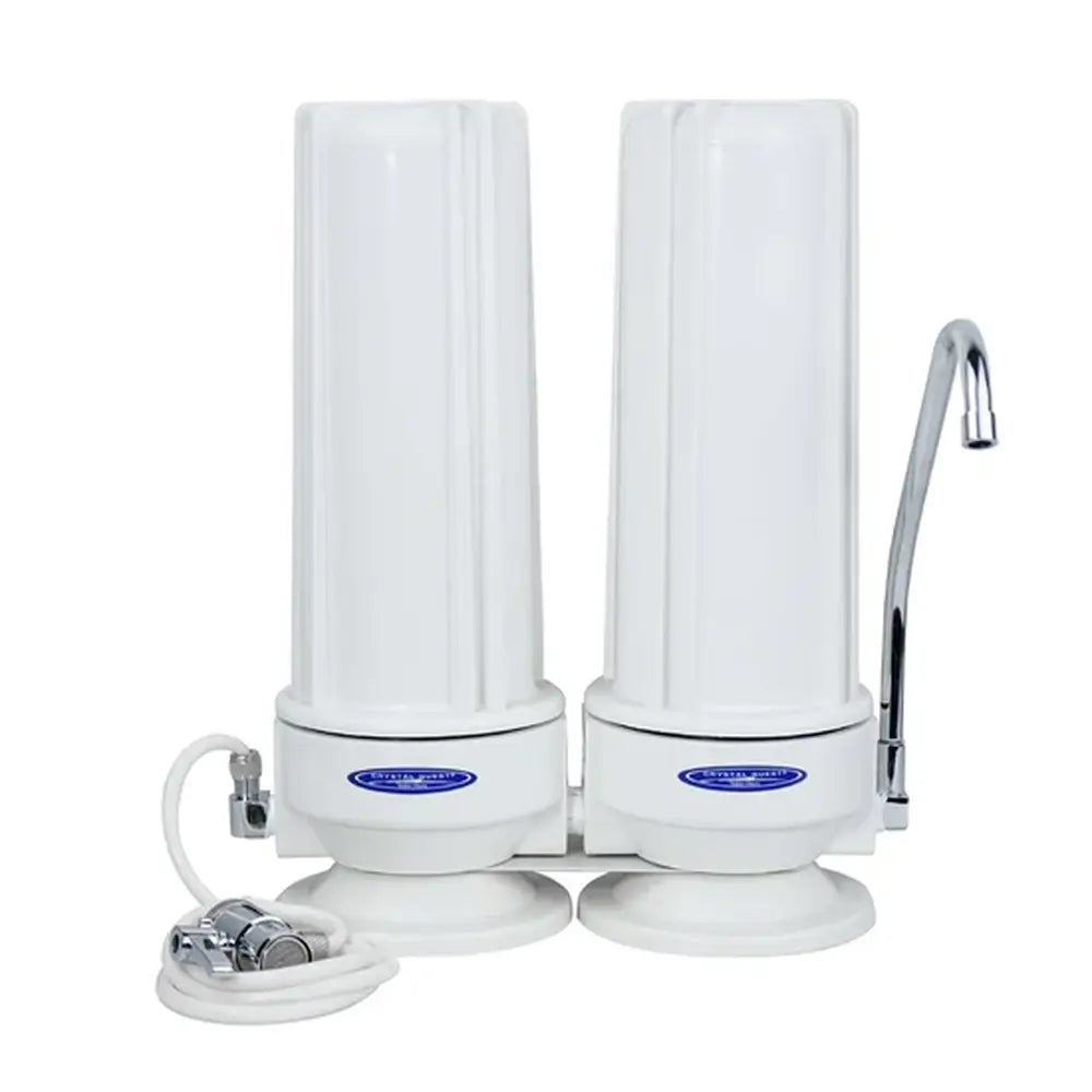 Crystal Quest Double White Polypropylene Arsenic Countertop Water Filter System with dual housing and faucet attachment.