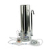 Crystal Quest stainless steel fluoride countertop water filter system featuring an external clear sediment pre-filter.