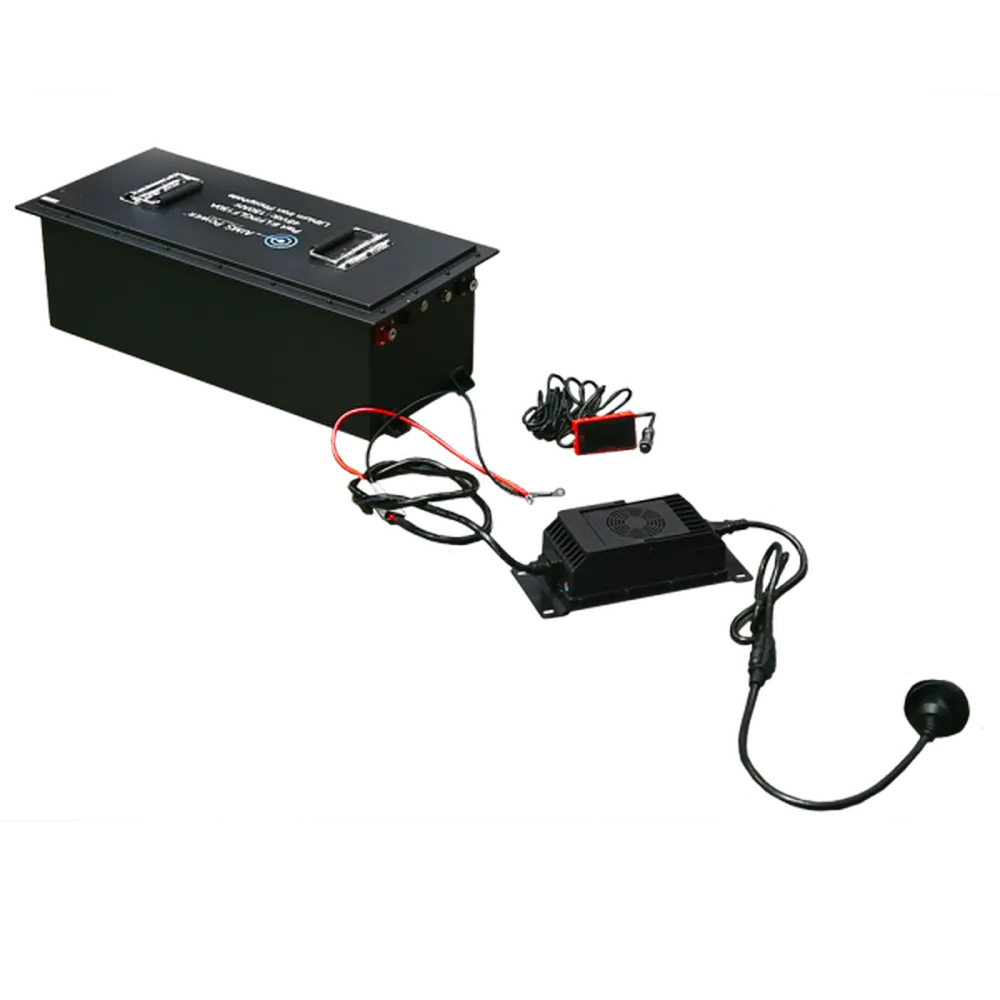 AIMS Power 48V 105Ah golf cart battery kit with LiFePO4 battery, charger, wiring, display, and power cables.
