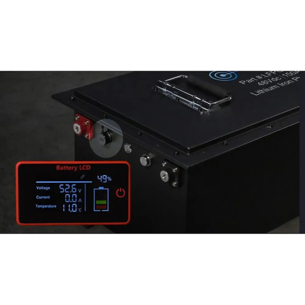 Close-up of AIMS Power 48V golf cart battery ports with Battery LCD display showing voltage, current, temperature, and charge level.