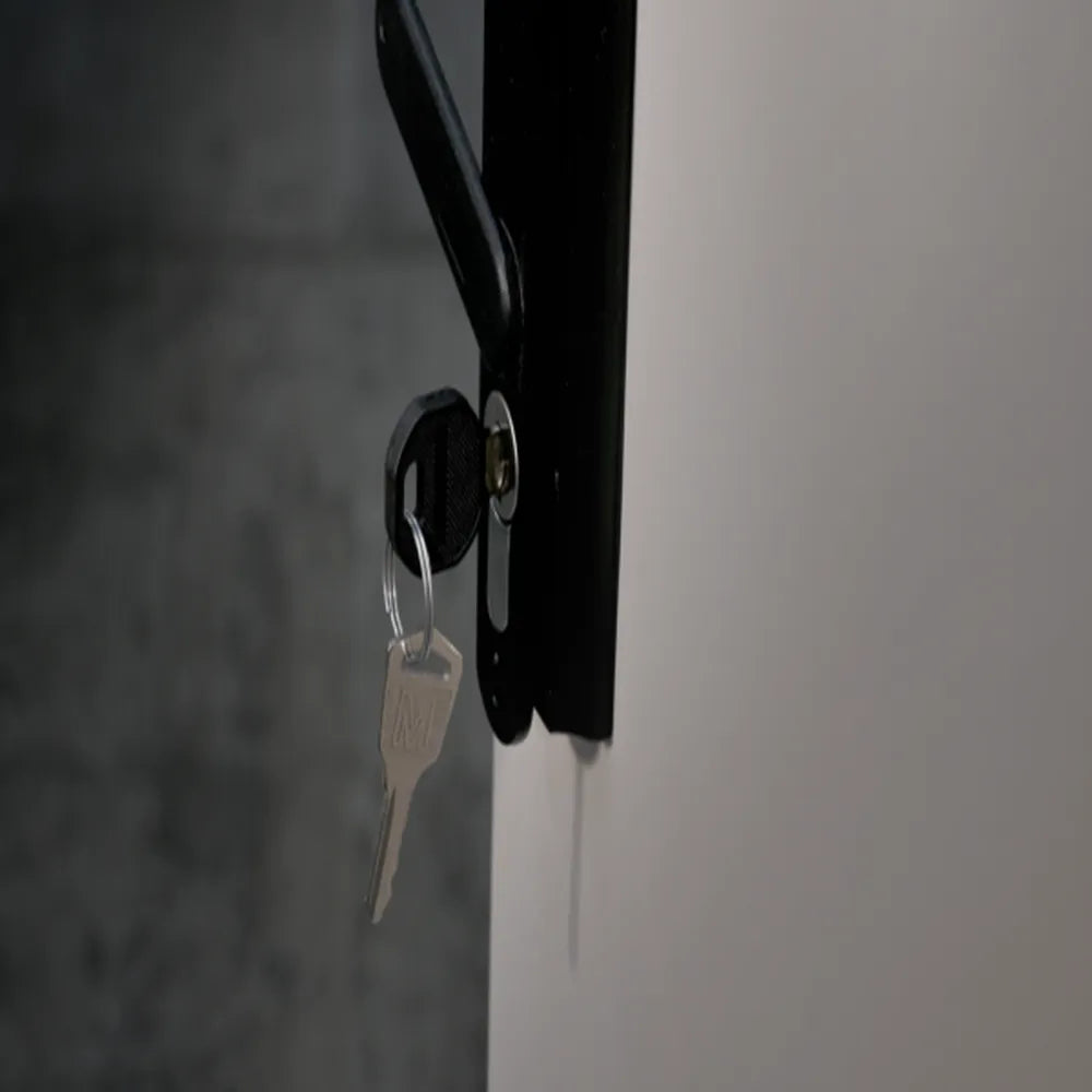 Close-up of locking handle and keys on AIMS Power lithium battery cabinet master enclosure door.