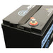 Close-up of AIMS Power 12V AGM deep cycle battery positive terminal, black carry strap, and sealed battery top.