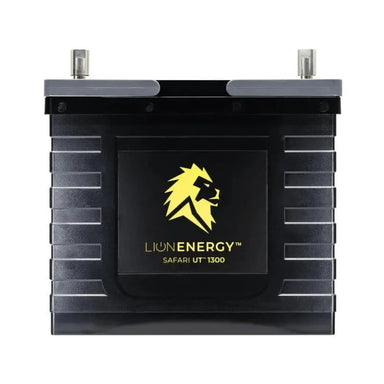 Lion Energy Safari UT 1300 lithium iron phosphate battery front view, black deep-cycle portable battery with yellow lion logo branding and dual top terminals on a light gray studio background
