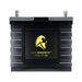 Lion Energy Safari UT 1300 lithium iron phosphate battery front view, black deep-cycle portable battery with yellow lion logo branding and dual top terminals on a light gray studio background
