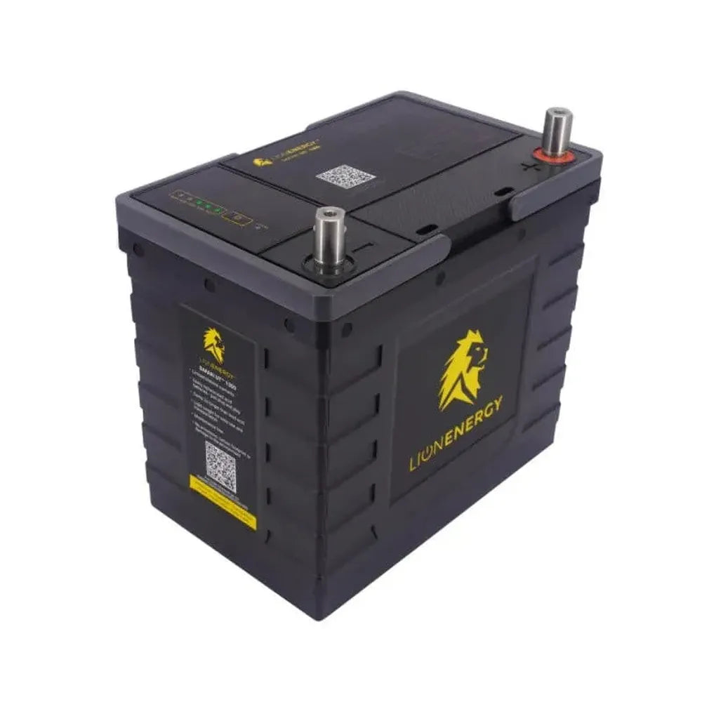 Lion Energy Safari UT 1300 105Ah battery angled product shot, showing rugged black casing, top terminal posts, QR code label, and side branding on a light gray background
