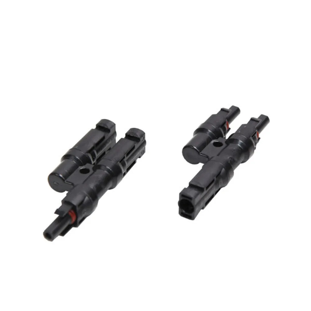 AIMS Power MC4 branch connector pair with black 2-to-1 solar Y adapters, shown on a white background for combining photovoltaic panel cables in parallel wiring.