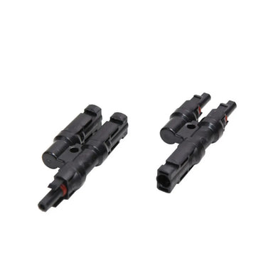AIMS Power MC4 branch connector pair with black 2-to-1 solar Y adapters, shown on a white background for combining photovoltaic panel cables in parallel wiring.