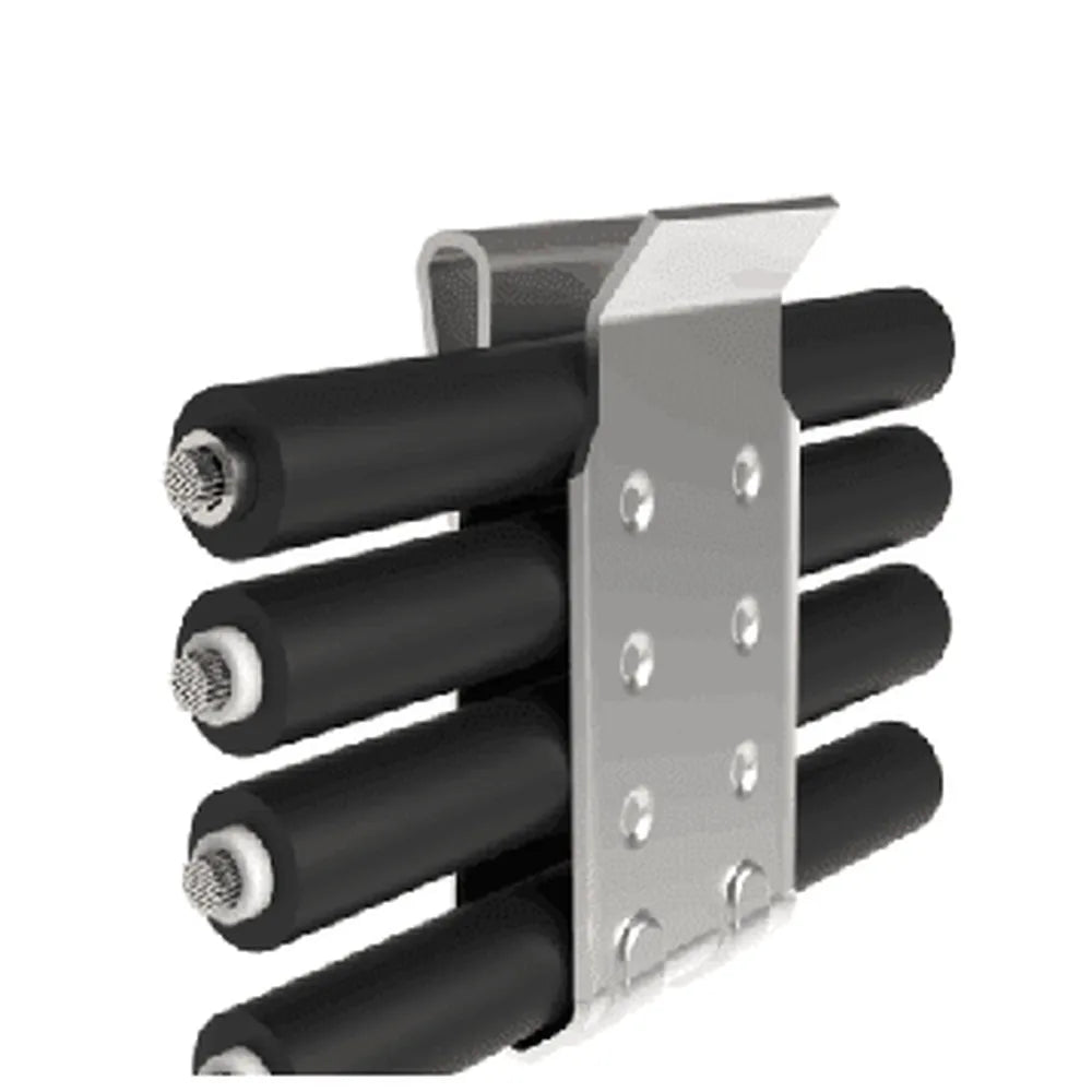 PV cable clamp installed on a solar panel frame, holding multiple black photovoltaic cables neatly against the aluminum rail for clean wire management.