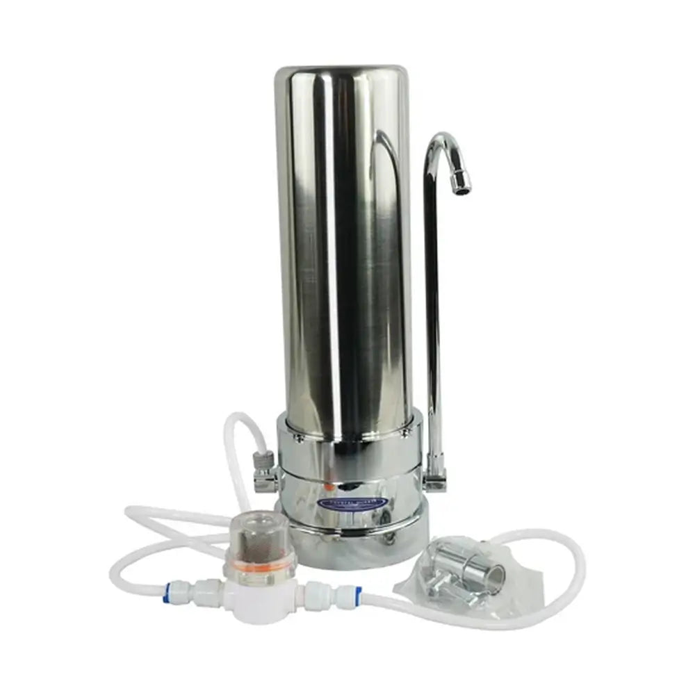 Stainless Steel Crystal Quest Nitrate SMART Countertop Water Filtration System including an inline sediment pre-filter and faucet attachment kit.