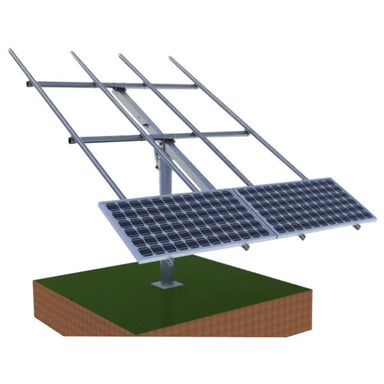 AIMS Power PV6X250POLE solar pole mount rack with two panels partially installed on a galvanized metal rail frame, shown on a single vertical pole base for ground-mounted solar array setup.
