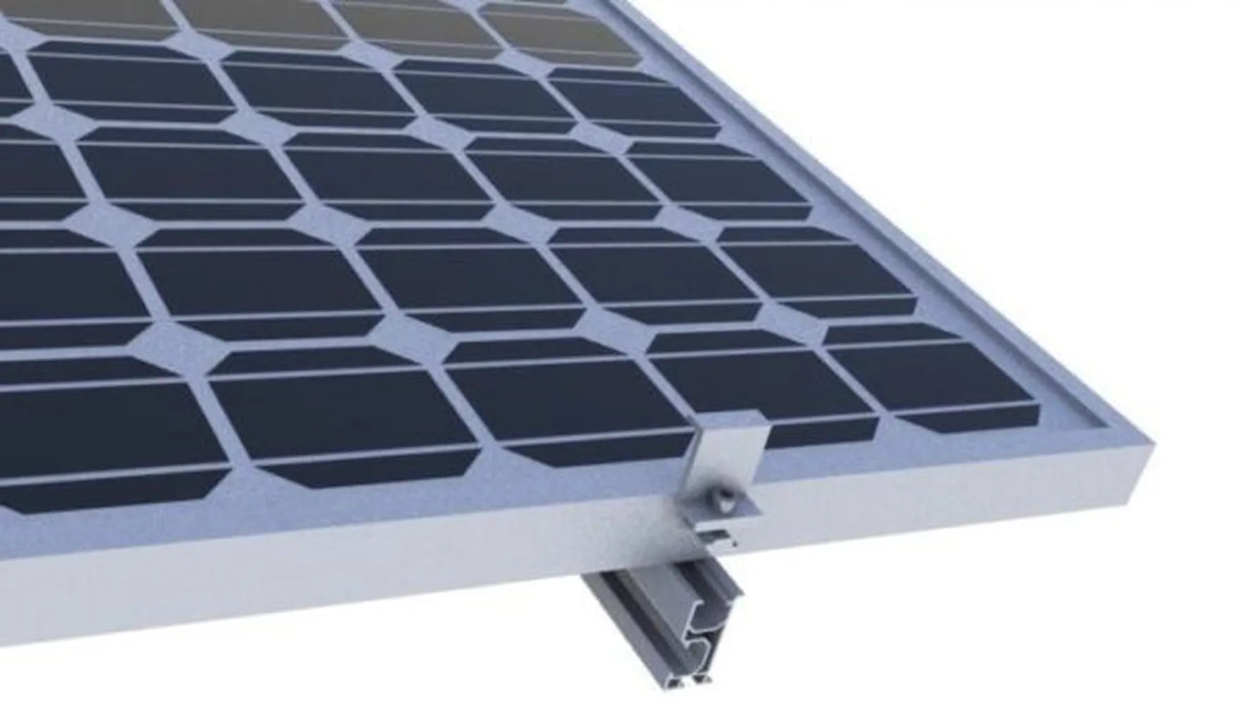 Close-up of a solar panel attached to an aluminum mounting rail with a silver end clamp, highlighting PV module hardware for secure pole mount rack installation.