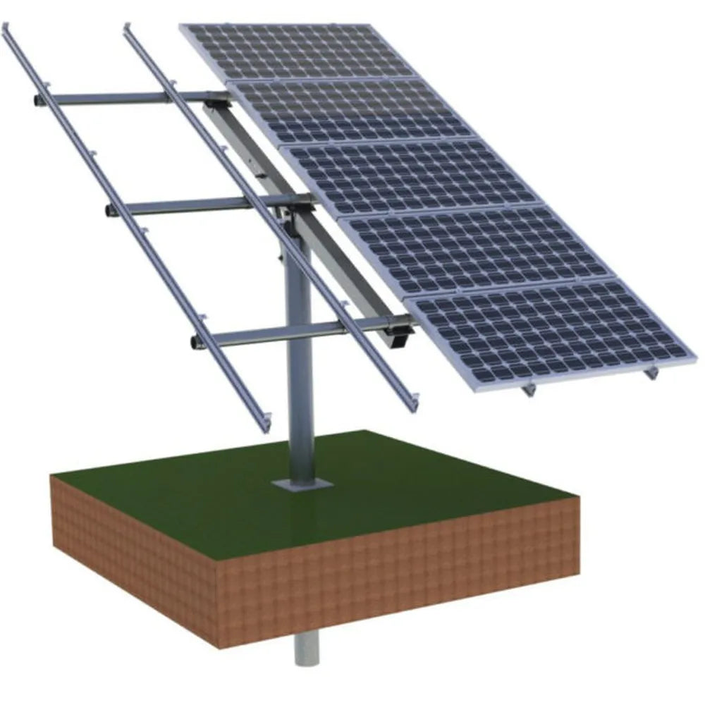 AIMS Power PV6X250POLE pole mount rack with three solar panels installed on one side and open rails on the other, designed for six-panel solar array mounting on a single pole.