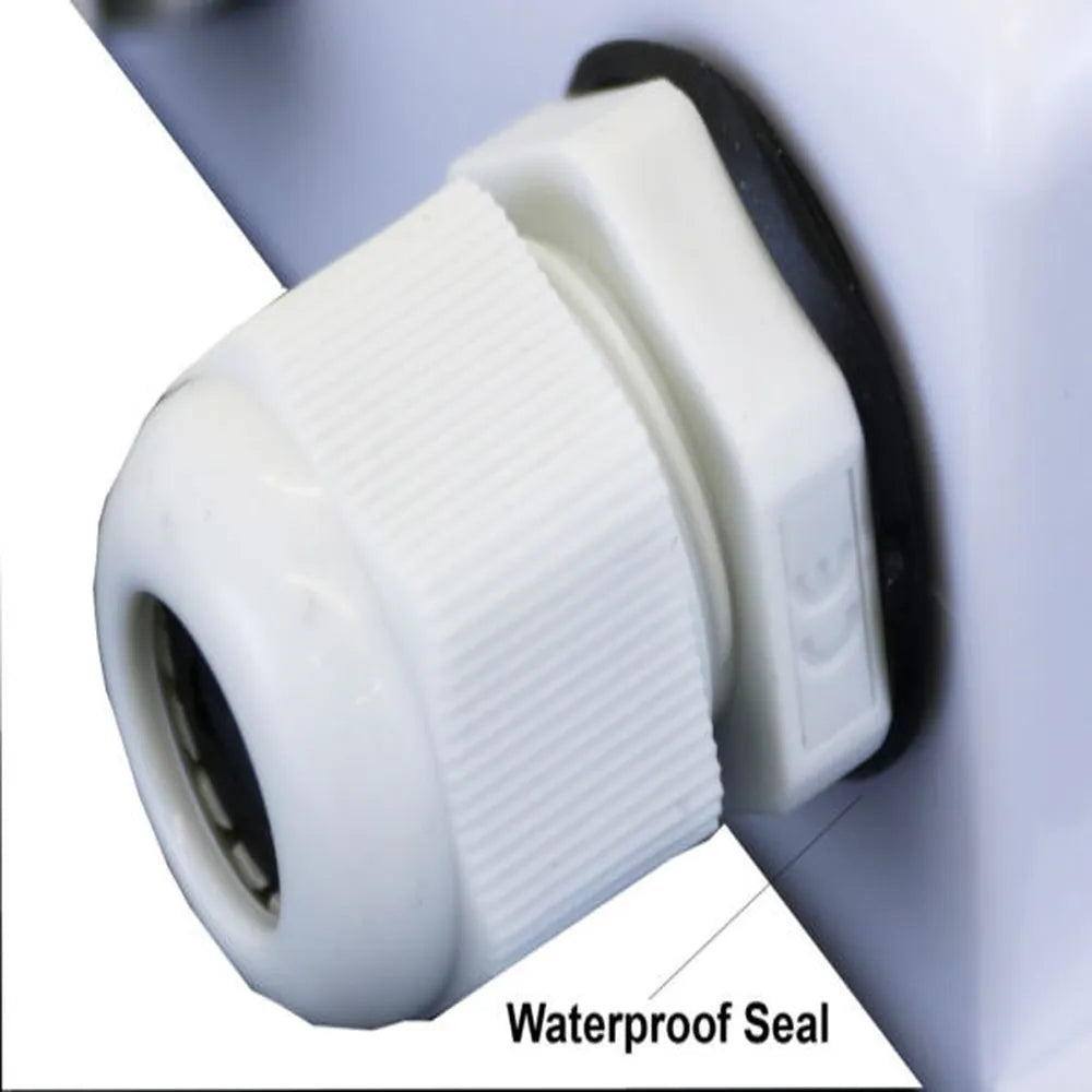 Close-up of AIMS Power solar cable gland showing ribbed white waterproof seal, black gasket, and cable entry port for weatherproof photovoltaic wiring installation.