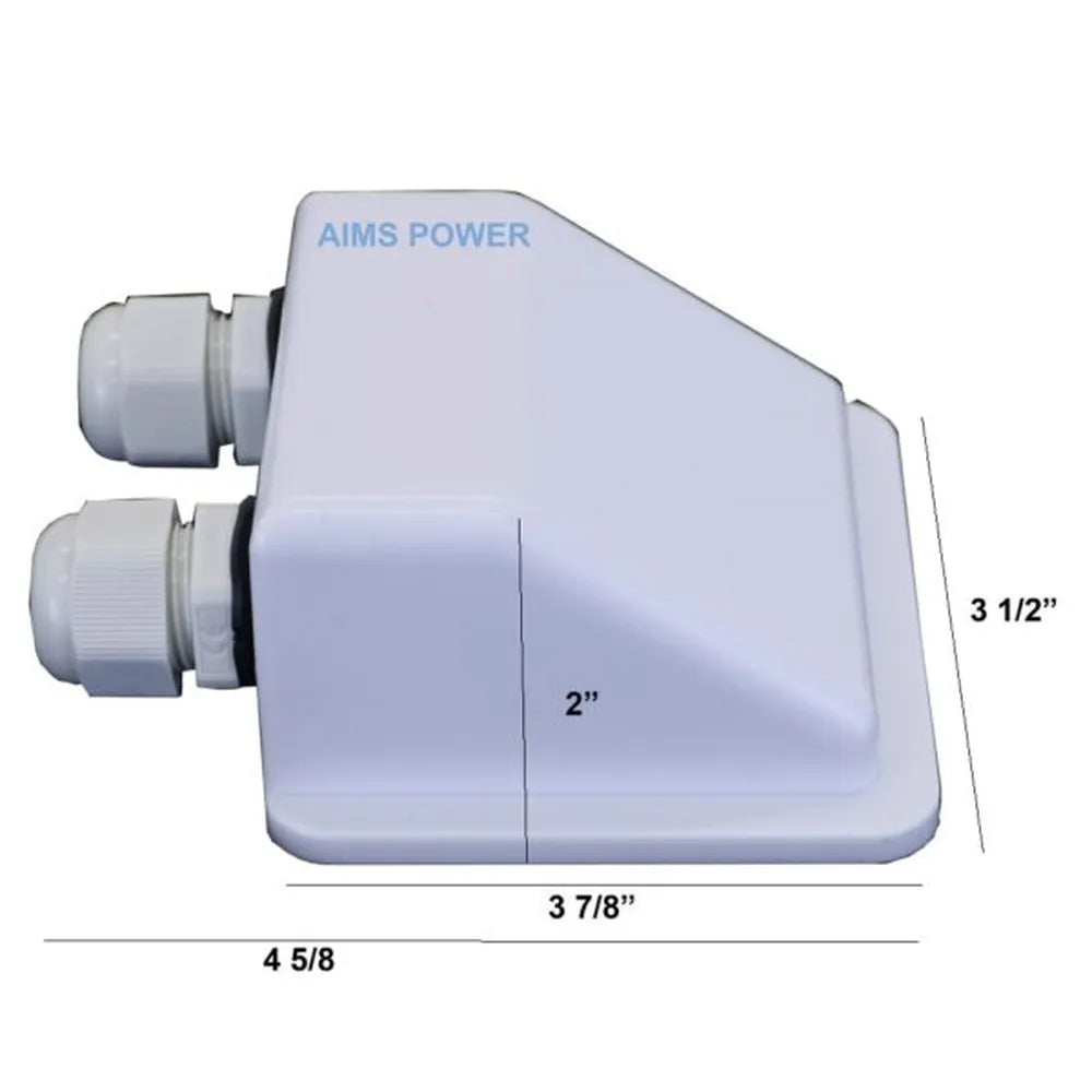 AIMS Power solar double cable entry gland with white waterproof housing, dual cable glands, and size callouts for 4 5/8-inch length, 3 1/2-inch height, 3 7/8-inch base, and 2-inch body depth.