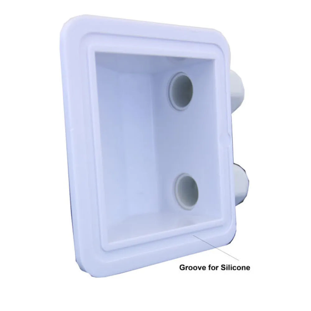 White AIMS Power double cable entry gland shown from the underside with two circular cable openings, raised mounting lip, and labeled groove for silicone waterproof sealing.