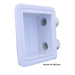 White AIMS Power double cable entry gland shown from the underside with two circular cable openings, raised mounting lip, and labeled groove for silicone waterproof sealing.
