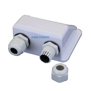 AIMS Power white solar cable entry gland with two threaded waterproof cable glands, removable locking nut, and compact housing for routing PV wires through RV, boat, or roof surfaces.