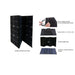 Portable foldable solar panel product overview with built-in charge controller wire, storage zipper pocket, rugged carrying case, folded size, and flat or curved sunlight positioning.