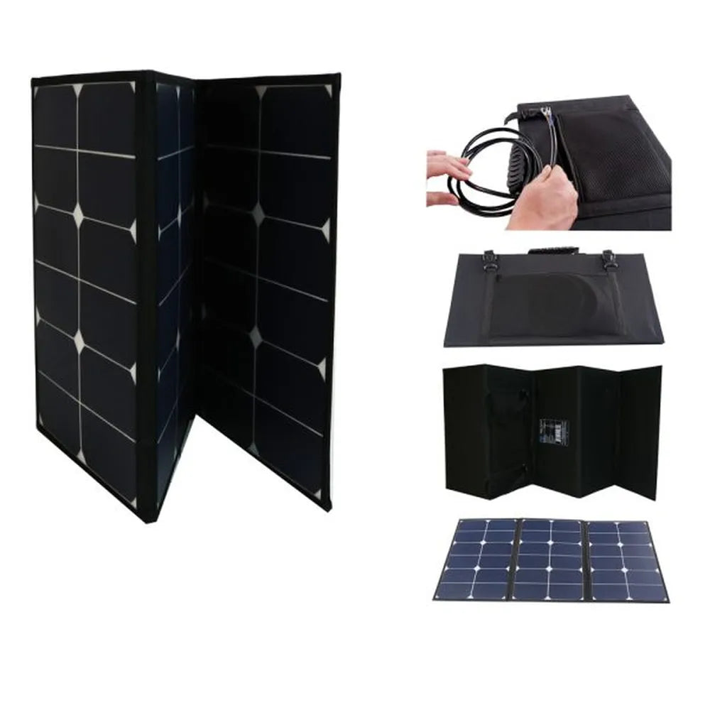 AIMS Power 60W foldable solar panel shown partly open with black photovoltaic panels and close-up feature images of cable storage, carrying case, and unfolded solar cells.