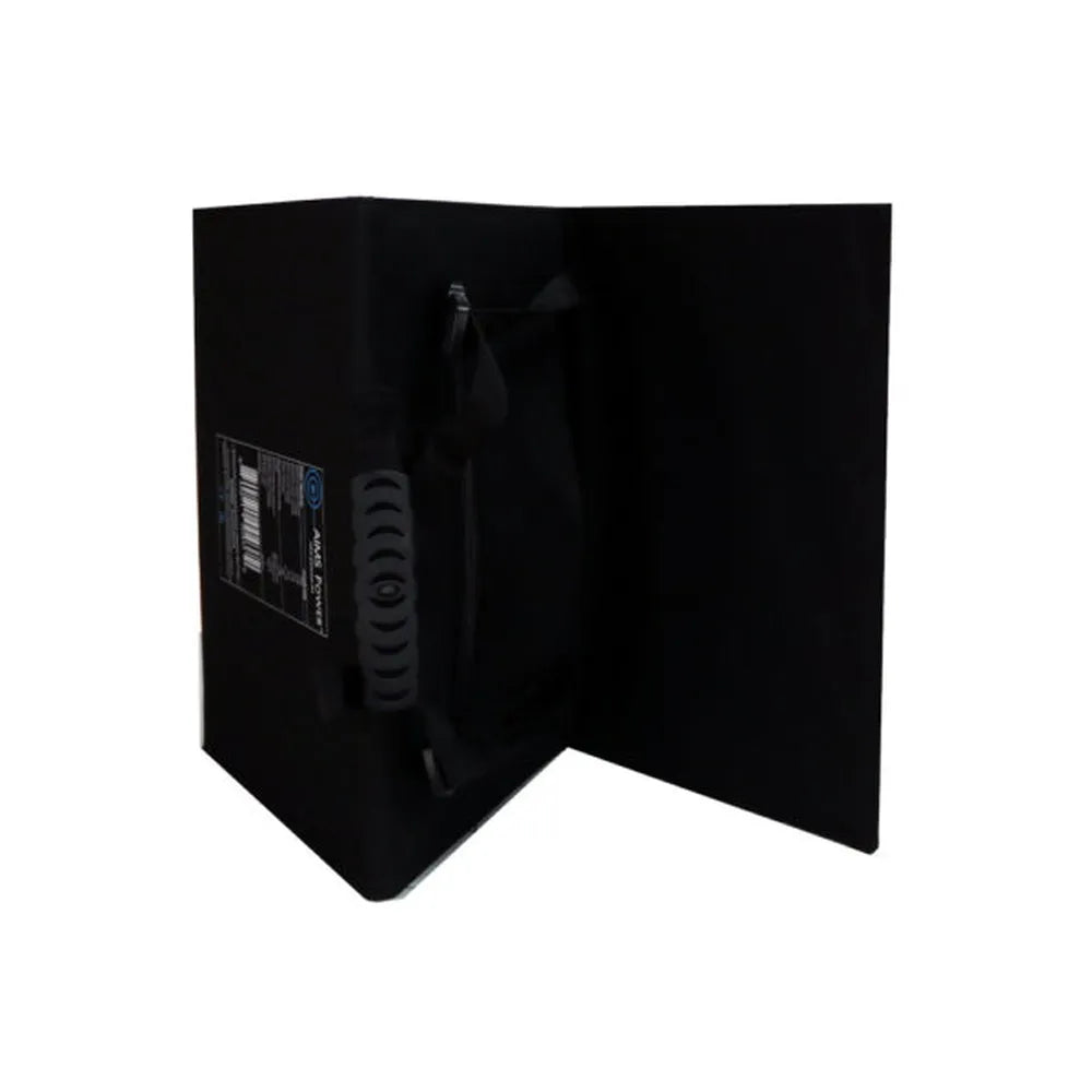 Rear view of folded AIMS Power portable solar panel case with black fabric exterior, carry handle, and side product label.