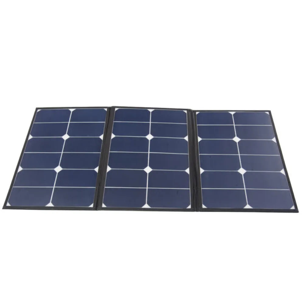 AIMS Power 60W foldable solar panel fully unfolded into three connected black solar panel sections for portable off-grid power generation.