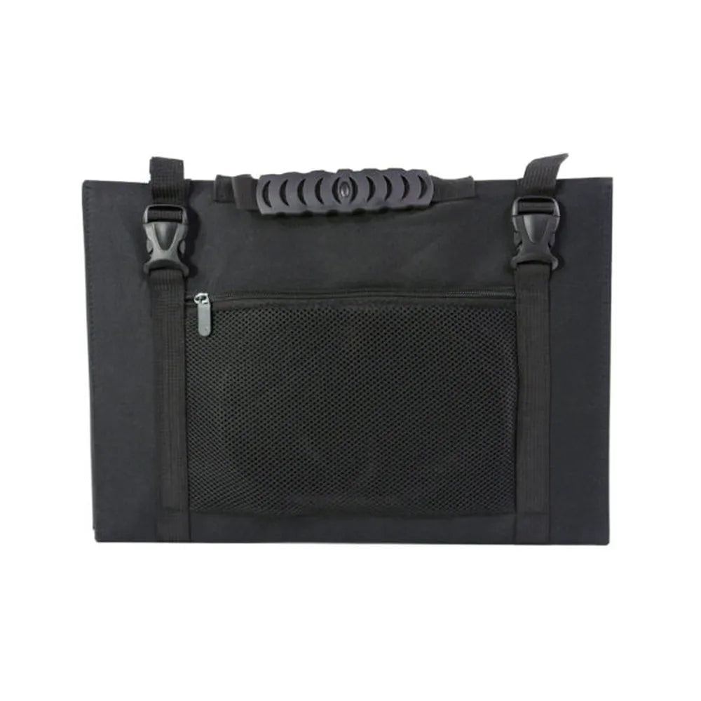 Closed black foldable solar panel carrying case with mesh zipper pocket, buckle straps, and rubberized handle for portable solar storage.