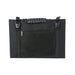 Closed black foldable solar panel carrying case with mesh zipper pocket, buckle straps, and rubberized handle for portable solar storage.