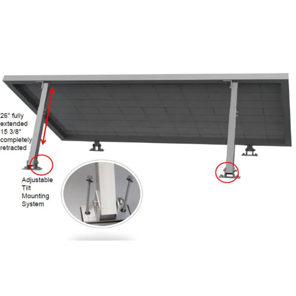 Diagram of AIMS Power adjustable tilt solar panel mounting system installed under a framed panel, showing retractable support arms labeled 26 inches fully extended and 15 3/8 inches completely retracted.