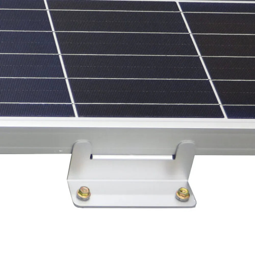 Close-up of a silver Z bracket securely attached to the aluminum frame of a solar panel, showing mounting hardware and bolt placement for roof or RV solar installation.