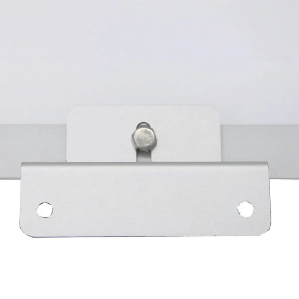 Rear view of an installed solar panel Z bracket mount with a single bolt fastened through the frame and two base mounting holes for securing the panel to a flat surface.