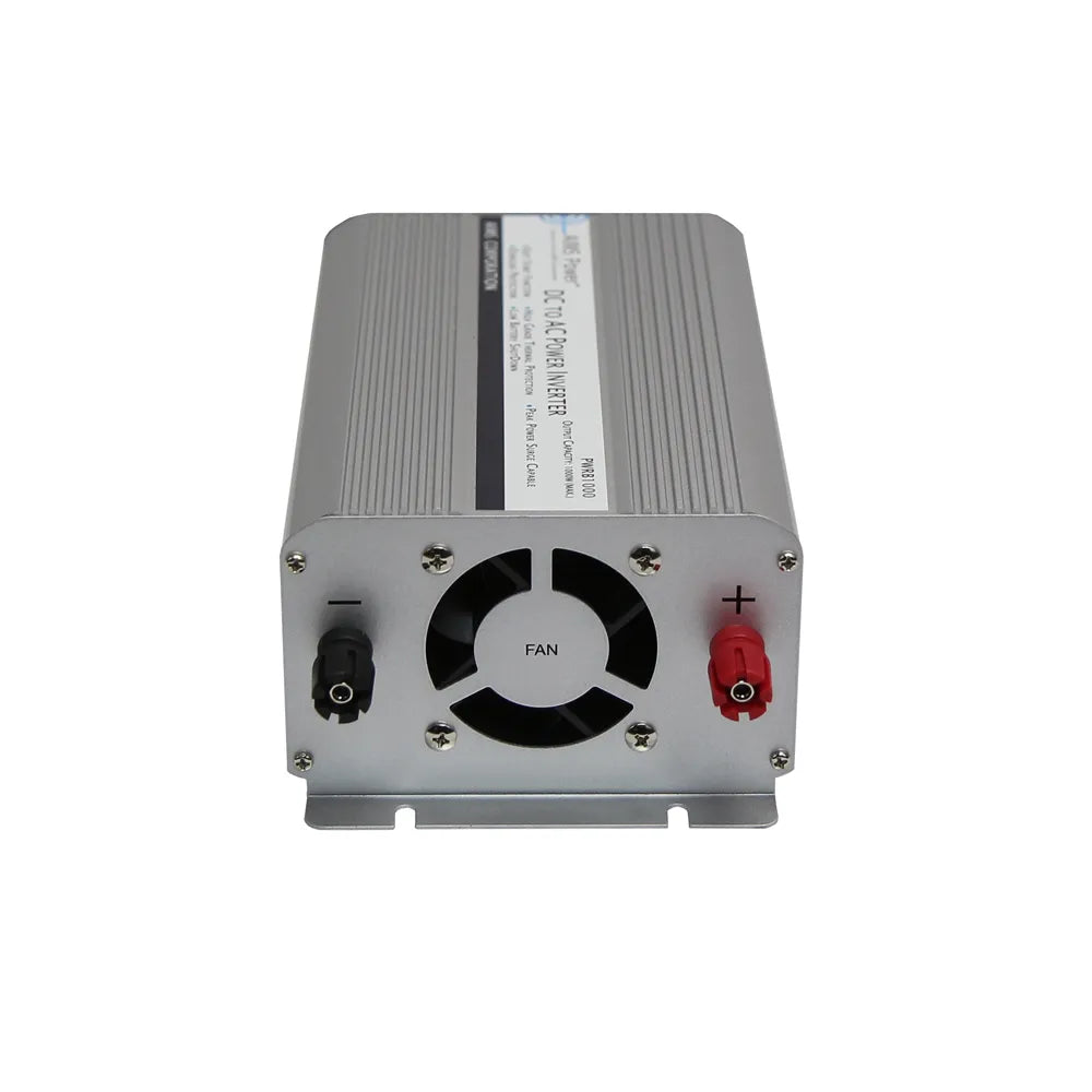 AIMS Power 1250W 12V modified sine inverter with cooling fan, positive and negative DC input terminals.
