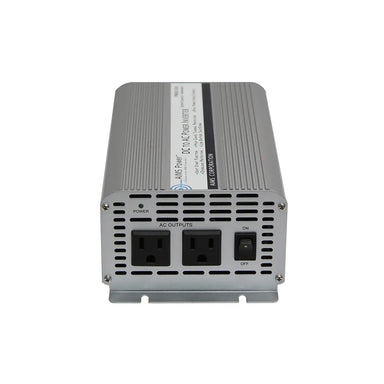 AIMS Power 1250W 12V modified sine inverter with dual AC outlets, power switch, and vented aluminum housing.