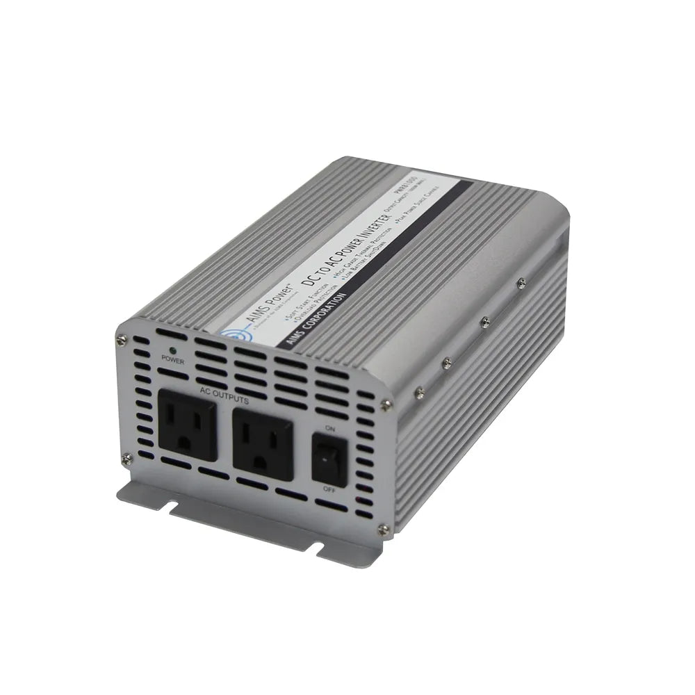 AIMS Power 1250W 12V modified sine inverter with AC outlets, power indicator, and rugged silver case.